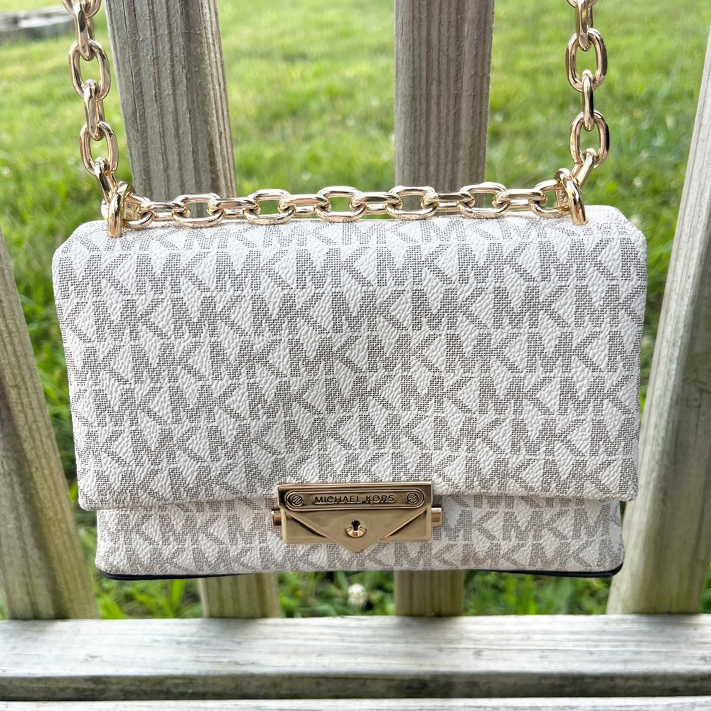 Michael Kors Cece Logo Shoulder Bag Small Cream Gold Chain Luxury Designer